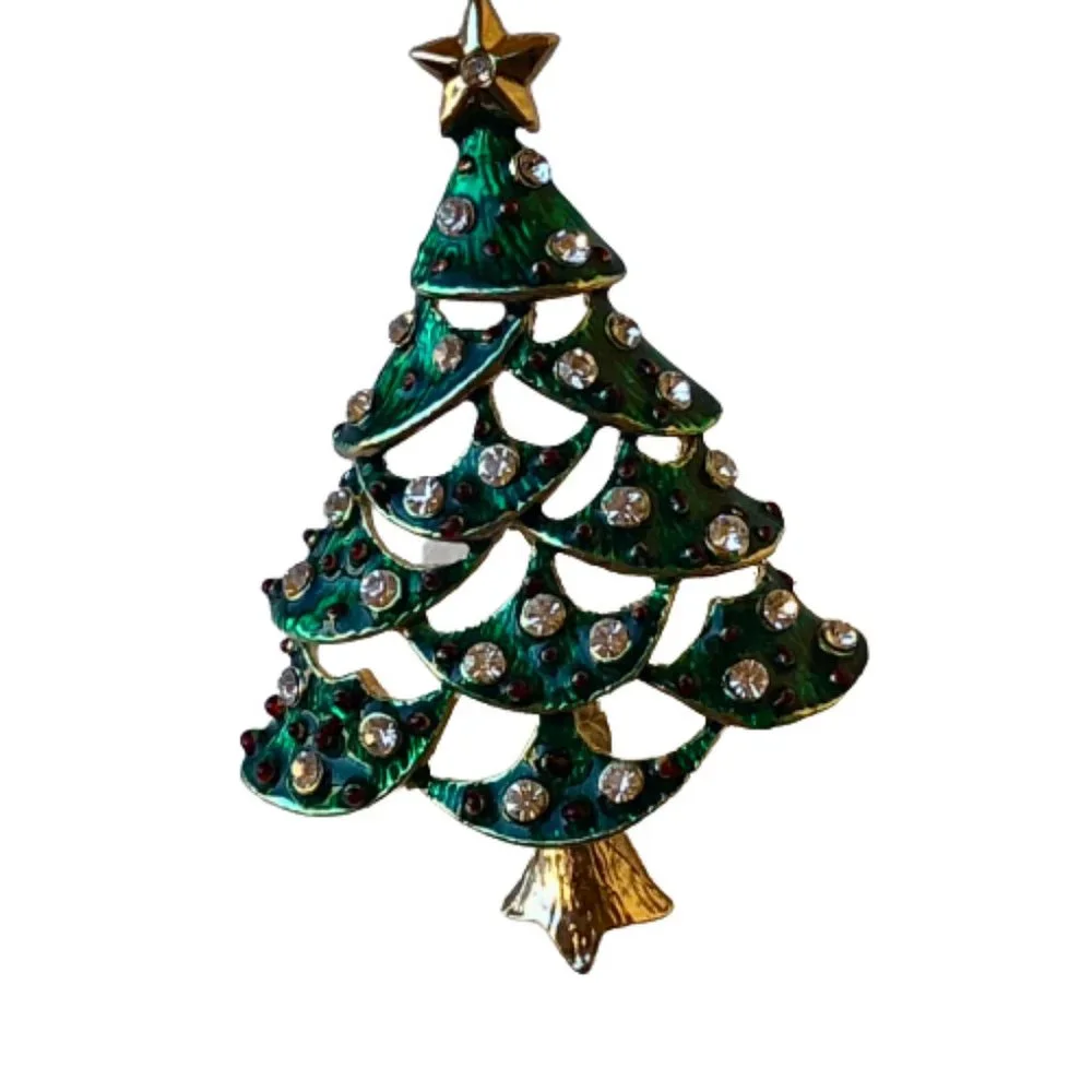Vintage Christmas Tree Brooch Green Enamel Clear Rhinestones See Thru Cut-Outs